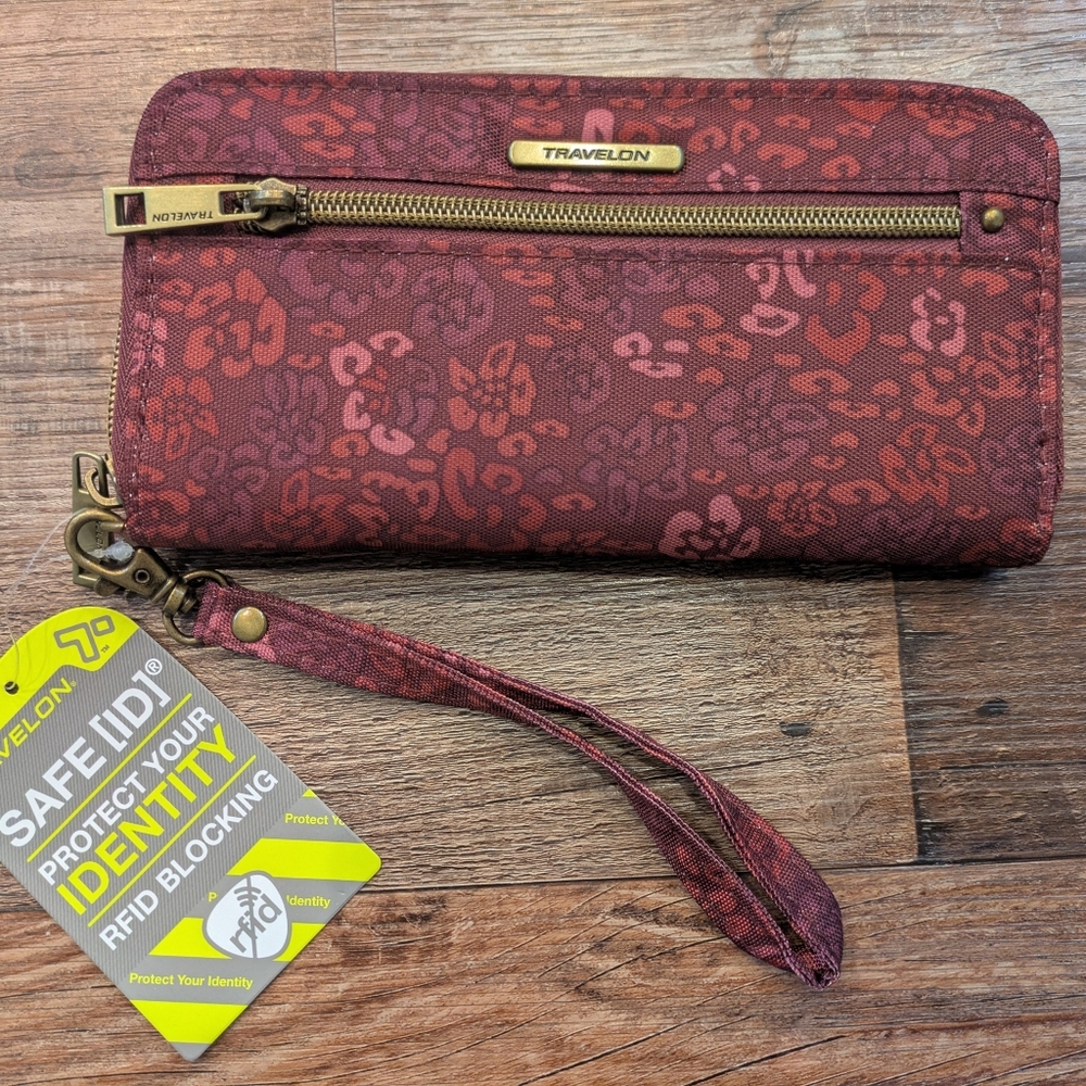 NWT Travelon Wallet Wristlet Purse Safe ID RFID Blocking Burgundy Floral - Picture 1 of 14